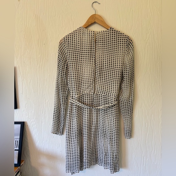 REISS Elissa White Black Spot Monochrome Long Sleeve Mini Fit Flare Tie Dress - Picture 9 of 17